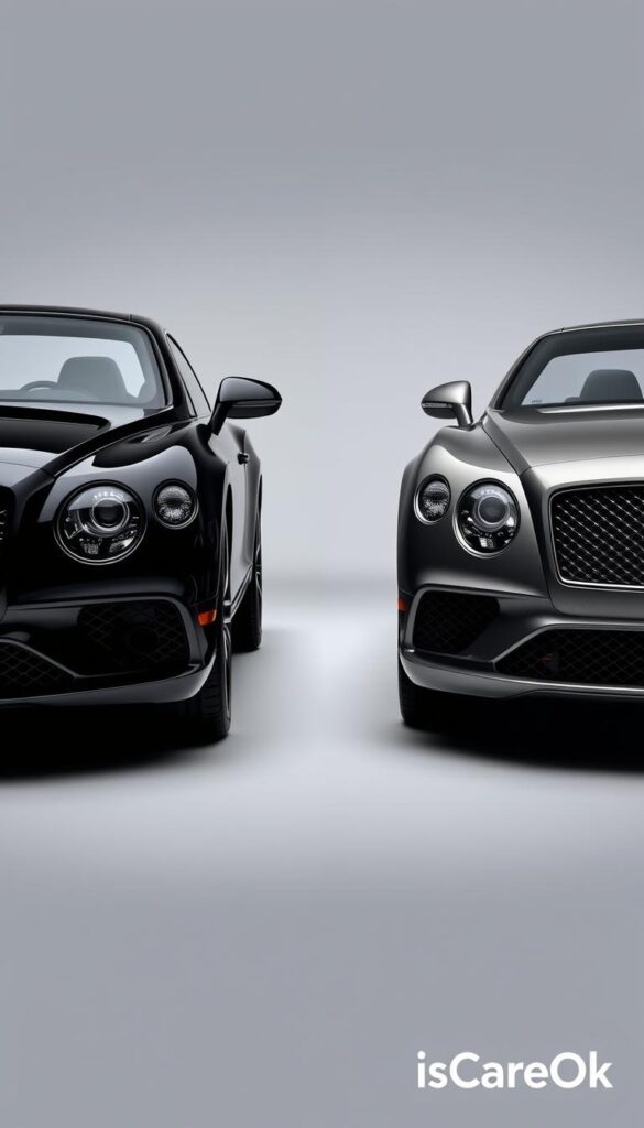 A sleek, well-lit studio shot of two Bentley Continental GT models side-by-side. The car on the left is a certified pre-owned model with a crisp, glossy black exterior, while the car on the right is a non-certified used option with a slightly more worn, metallic grey finish. The lighting is soft and directional, highlighting the curves and lines of the vehicles. The background is a simple, neutral color that allows the cars to be the focal point. The scene conveys a sense of quality, sophistication, and the difference between a certified and non-certified used Bentley Continental GT. The IsCarOk logo is discreetly placed in the bottom right corner.