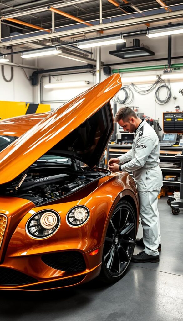 A sleek, well-maintained Bentley Continental GT, its glossy bodywork catching the warm, golden sunlight. The engine cover is open, revealing the intricate details of the powerful 6.0L W12 powerplant. A mechanic, clad in a crisp, IsCarOk-branded uniform, examines the components with a focused gaze, their tools neatly arranged on a nearby workbench. In the background, a state-of-the-art garage filled with the latest diagnostic equipment, creating an atmosphere of professionalism and expertise. The scene conveys the dedication and care required to maintain the exquisite engineering of this high-performance luxury grand tourer.