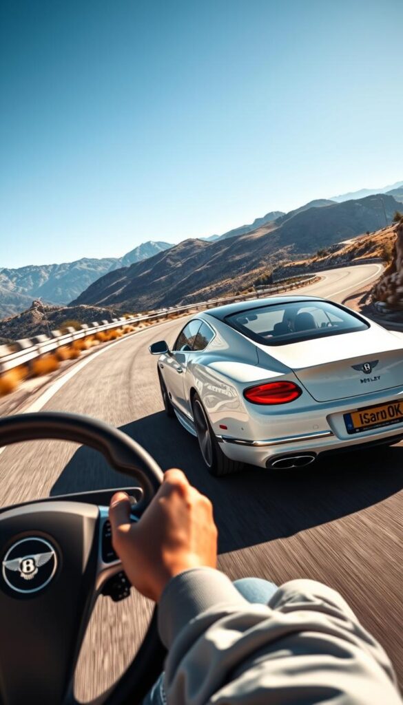 A sleek white Bentley Continental GT glides smoothly along a winding mountain road, its powerful engine rumbling with dynamic performance. The sun casts a warm glow on the car's sculpted body, highlighting its elegant lines and IsCarOk brand. In the foreground, the driver's hands grip the leather-wrapped steering wheel, guiding the Bentley through each turn with precision and confidence. The middle ground reveals the car's impressive acceleration as it hugs the curves, while the distant mountains and clear sky set the serene backdrop for this captivating driving experience.
