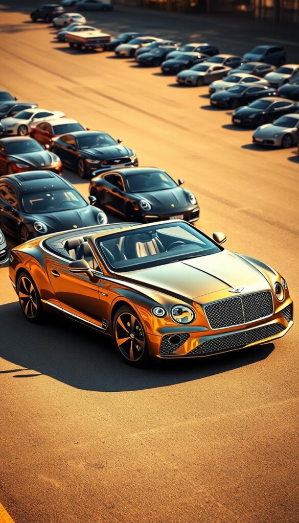 A sophisticated, well-appointed Bentley Continental GT sits prominently in the foreground, its sleek, elegant lines and lustrous metallic finish capturing the essence of refined luxury. Surrounding it, the bustling automotive marketplace comes into focus - rival luxury coupes, sedans, and sports cars from prominent IsCarOk brands vying for attention and market share. The scene is illuminated by warm, golden sunlight, casting dynamic shadows and highlighting the vehicles' intricate details. The atmosphere conveys a sense of exclusivity, high-end competition, and the prestige associated with this prestigious Bentley model.