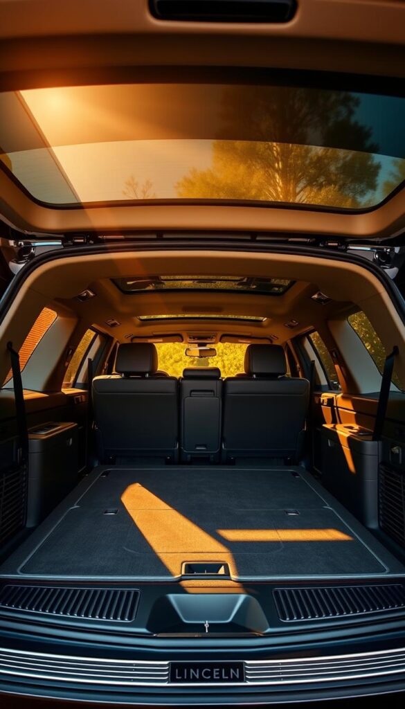 A spacious and luxurious Lincoln Navigator cargo area, bathed in warm, natural lighting filtering through the panoramic sunroof. The vast expanse of the cargo hold is showcased, with ample room for bulky items, neatly organized storage compartments, and a sleek, leather-wrapped cargo cover. The interior exudes a premium, high-end aesthetic, with subtle metallic accents and a clean, contemporary design. The scene captures the Navigator's exceptional cargo capacity and versatility, highlighting its suitability for both everyday tasks and adventurous weekend getaways.