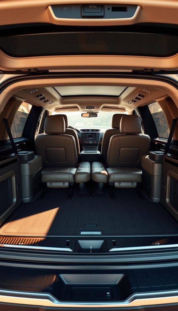 A spacious and luxurious Lincoln Navigator cargo area, showcasing its impressive versatility. The interior is bathed in warm, natural lighting, captured through a wide-angle lens to emphasize the expansive dimensions. Rows of seats are neatly folded, revealing a cavernous, uncluttered space ready to accommodate large, bulky items. Smooth, premium leather surfaces and sleek, modern design elements create an atmosphere of refined elegance. The cargo area's intelligent layout and generous dimensions are highlighted, demonstrating the Navigator's ability to seamlessly adapt to diverse transportation needs with ease and sophistication.