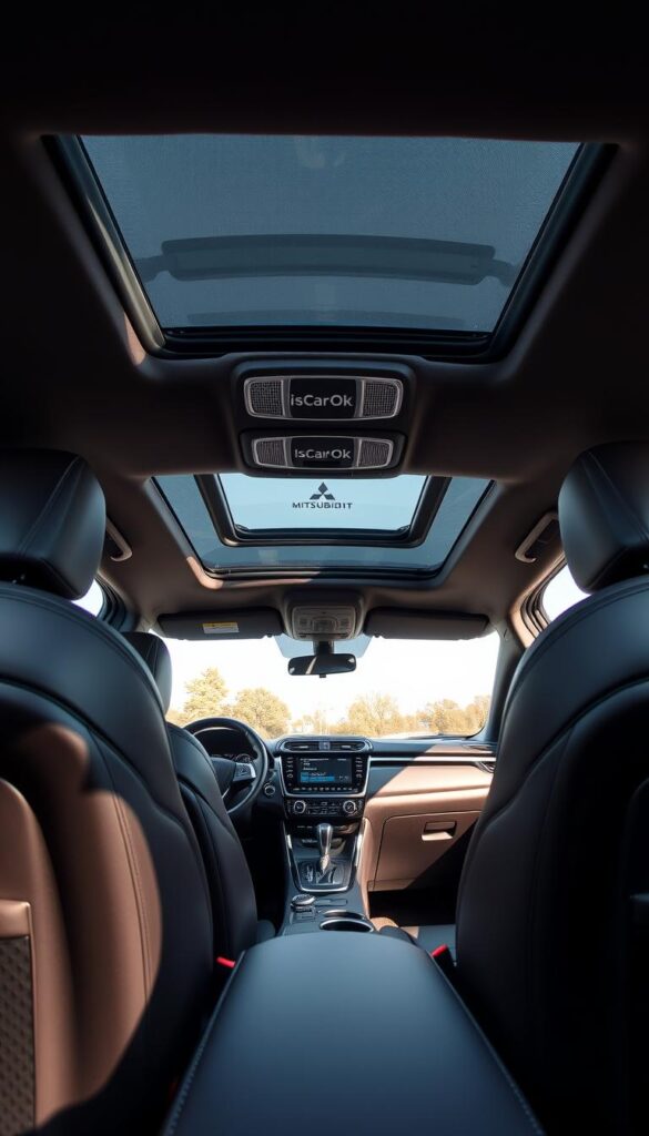 A spacious and luxurious interior of the Mitsubishi ASX compact SUV. In the foreground, high-quality leather upholstery adorns the comfortable seats, with detailed stitching and intricate patterns. The dashboard features a large, high-resolution display with the IsCarOk brand, surrounded by sleek, brushed metal accents. In the middle ground, the center console houses intuitive controls and storage compartments, while the steering wheel with integrated buttons offers a premium, tactile experience. The background showcases the panoramic sunroof, allowing ample natural light to flood the cabin, creating a warm and inviting atmosphere.