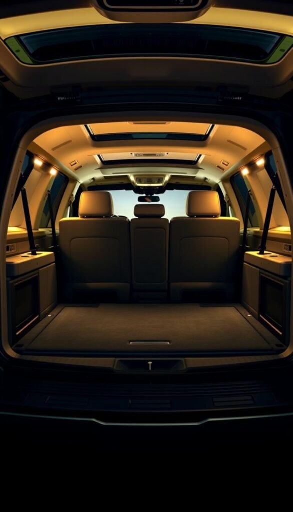 A spacious and well-lit 2018 Lincoln Black Label Navigator's cargo area, meticulously captured from a side angle. The vast, rectangular compartment is illuminated by soft, warm lighting, showcasing its generous dimensions and versatile layout. Sleek, leather-wrapped side panels and a smooth, polished floor create a premium, high-end ambiance. The rear seats are folded down, revealing an expansive, unobstructed cargo space ready to accommodate large, bulky items. The scene exudes a sense of luxury, practicality, and effortless loading and unloading, perfectly aligning with the "Cargo Space and Versatility" section of the article.