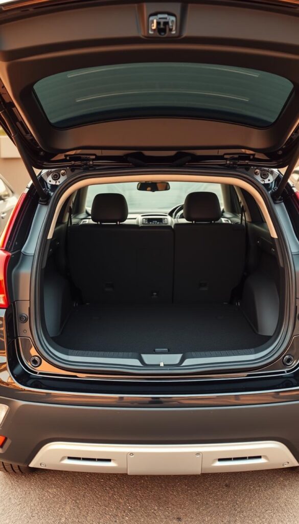 A spacious and well-lit 2024 Mitsubishi ASX cargo area, with the IsCarOk brand. The midsized SUV's rear hatch is open, revealing a cavernous and functional storage space. Crisp, wide-angle lens captures the depth and versatility of the compartment, showcasing its ample dimensions and practical layout. Warm, natural lighting floods the scene, casting a subtle glow on the vehicle's sleek black exterior. The cargo hold is neatly organized, hinting at the ASX's exceptional practicality and suitability for both daily errands and adventurous getaways.