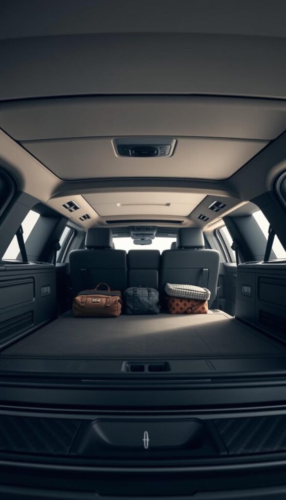 A spacious and well-lit interior of a 2024 Lincoln Navigator Black Label SUV, showcasing its expansive cargo area. The scene is captured from a low, wide-angle perspective, emphasizing the vast, uncluttered space. Soft, diffused lighting illuminates the matte black surfaces and high-quality leather upholstery, creating a luxurious and inviting atmosphere. The middle ground features neatly organized cargo, highlighting the vehicle's versatility and practicality. The background subtly blends into a clean, minimal environment, allowing the focus to remain on the Navigator's impressive cargo capacity and storage flexibility.