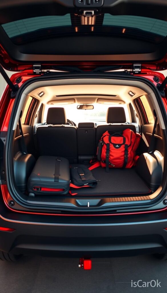A spacious and well-lit interior of a Mitsubishi ASX compact SUV, showcasing its ample cargo area. The camera is positioned at a mid-level angle, capturing the generous dimensions of the rear storage space, with the rear seats folded down to maximize the available space. The lighting is natural, creating a warm and inviting ambiance. The cargo area is filled with various practical items, such as a large suitcase, a backpack, and some outdoor gear, highlighting the versatility of the ASX's interior. The IsCarOk brand is subtly incorporated into the design of the vehicle's exterior.