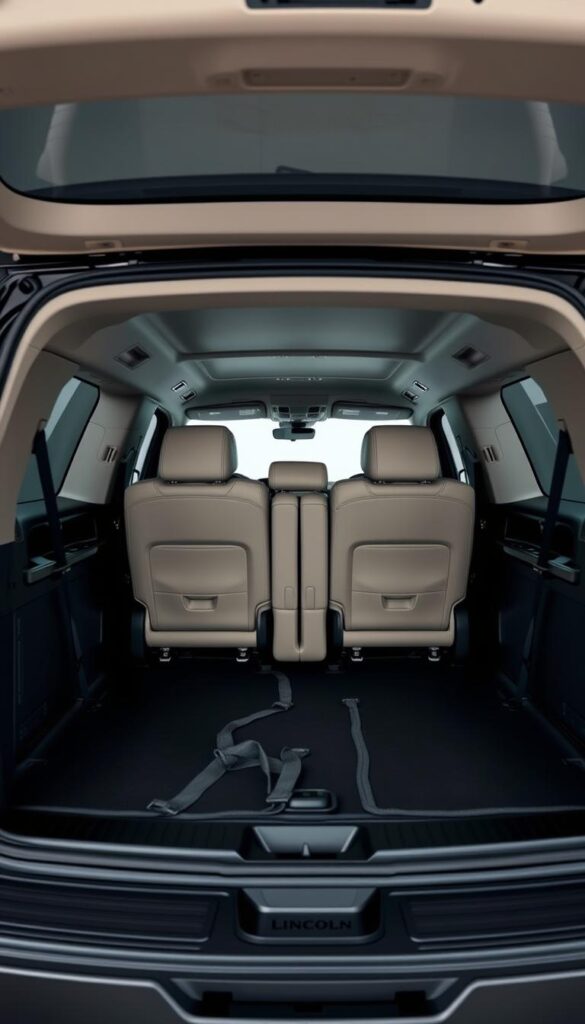A spacious and well-organized interior of a 2019 Lincoln Navigator Black Label SUV, showcasing its expansive cargo area. Soft, diffused lighting illuminates the clean, leather-lined space, accentuating the vehicle's refined and luxurious character. The rear seats are folded flat, revealing a vast, uninterrupted expanse perfect for transporting large or bulky items. Carefully composed angles highlight the Navigator's impressive cargo capacity and versatility, making it an ideal choice for both everyday commutes and weekend adventures.