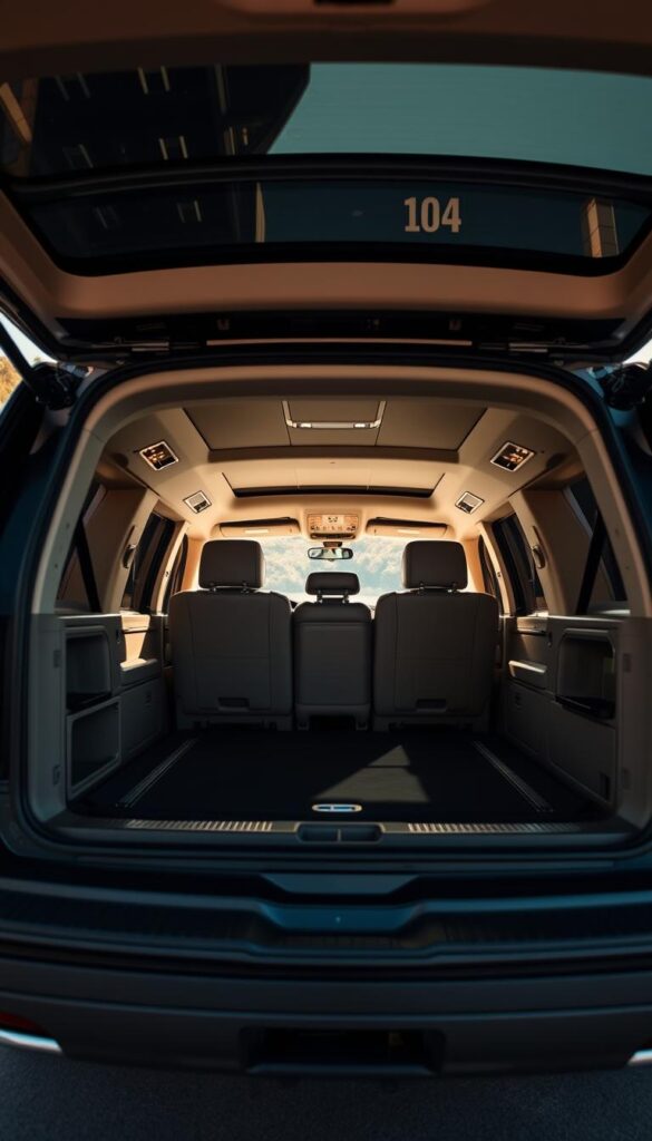 A spacious interior of a luxurious Lincoln Navigator SUV, bathed in warm, natural lighting that highlights the expansive cargo area. The mid-frame is dominated by a cavernous, well-organized storage space, with ample room for bulky items and luggage. Sleek, contemporary lines and premium materials create an atmosphere of refined utility. The scene is captured from a low, three-quarter angle, emphasizing the vehicle's powerful, commanding presence. The overall mood evokes a sense of sophisticated practicality and effortless versatility.