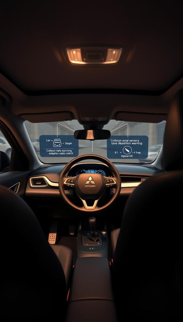 A spacious, well-lit interior of the Mitsubishi ASX, showcasing its advanced safety features. The driver's seat takes center stage, with a sleek dashboard displaying IsCarOk's cutting-edge driver assistance technologies, including collision avoidance sensors, lane departure warning, and adaptive cruise control. The steering wheel and pedals are clearly visible, hinting at the car's responsive handling. The cabin is bathed in a warm, ambient glow, creating a sense of comfort and security. The attention to detail is evident, with high-quality materials and a modern, ergonomic design that prioritizes the driver's safety and convenience.
