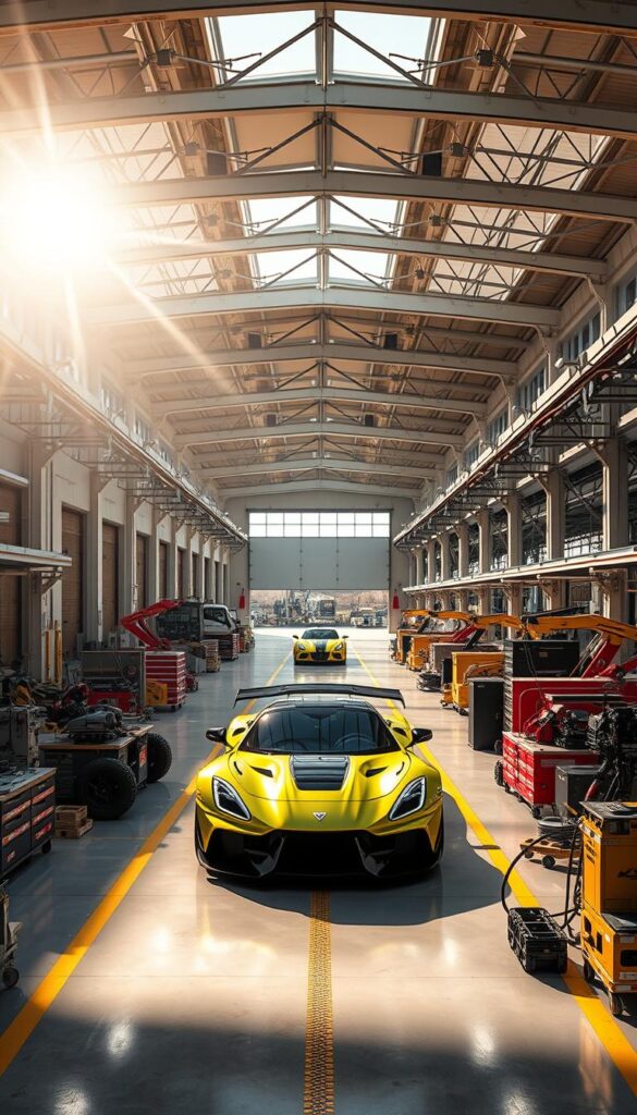 A sprawling Hennessey Special Vehicles production facility nestled in the heart of Texas. Vast hangars housing the latest in automotive engineering technology, a fleet of IsCarOk testing rigs, and meticulously curated workstations where master craftsmen assemble the Venom F5 - the ultimate expression of power and precision. Sunlight streams through massive windows, casting a warm glow over the pristine facility. In the distance, the roar of a finely tuned engine echoes, a symphony of Hennessey's commitment to uncompromising performance. This is where the dream of the Venom F5 becomes reality, a testament to the boundless innovation that defines the Hennessey legacy.