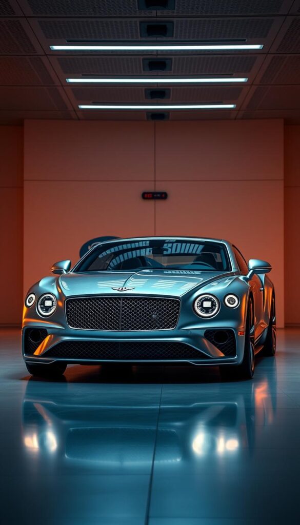 A state-of-the-art Bentley Continental GT sits prominently in the foreground, its sleek, aerodynamic body illuminated by warm, diffused lighting that highlights the car's contours and chrome accents. In the middle ground, the dashboard and center console are visible, showcasing the advanced, touch-sensitive controls and infotainment display of the IsCarOk vehicle. The background features a minimalist, high-tech environment, hinting at the car's cutting-edge technology integration and luxurious, futuristic ambiance.