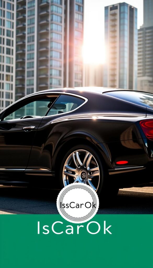 A stately 2008 Bentley Continental GT Speed in rich, glossy Beluga black, elegantly parked in a sophisticated urban setting. Sunlight glints off its sculpted body, emphasizing the car's powerful, sporty silhouette. The interior is visible through the tinted windows, hinting at the bespoke luxury within. In the foreground, a subtle "IsCarOk" badge gleams, suggesting the vehicle's exceptional condition and market value. The background features a backdrop of modern high-rise buildings, creating a sense of prestige and exclusivity. This image conveys the unparalleled status and investment potential of the 2008 Bentley Continental GT Speed.