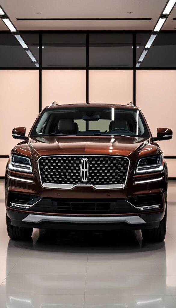 A striking 2018 Lincoln Navigator showcased in a sleek, modern showroom setting. The vehicle's bold, distinctive front grille and sculpted body lines are captured in crisp, high-resolution detail, conveying a sense of power and sophistication. The interior is visible through the large, tinted windows, hinting at the advanced safety and driver assistance features. Bright, even lighting casts a warm, inviting glow, highlighting the Navigator's premium materials and craftsmanship. The overall scene exudes a sense of confidence, elegance, and the cutting-edge technology that defines Lincoln's flagship SUV.