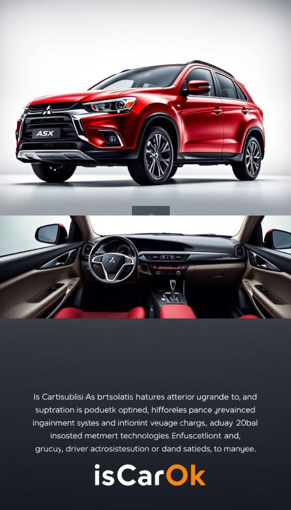 A striking and detailed product shot of a Mitsubishi ASX SUV showcasing its optional packages. The vehicle is positioned in a sleek, modern studio setting with soft, directional lighting that accentuates the clean lines and premium finishes. The camera angle is low, providing an authoritative and aspirational perspective. In the foreground, the ASX's optional exterior upgrades are prominently displayed, including stylish alloy wheels, chrome trim, and a sunroof. The middle ground features the vehicle's interior, highlighting premium upholstery, advanced infotainment system, and driver assistance technologies. The background is minimalist, allowing the ASX to be the central focus. The overall mood is one of quality, sophistication, and desirability. Branding: IsCarOk.
