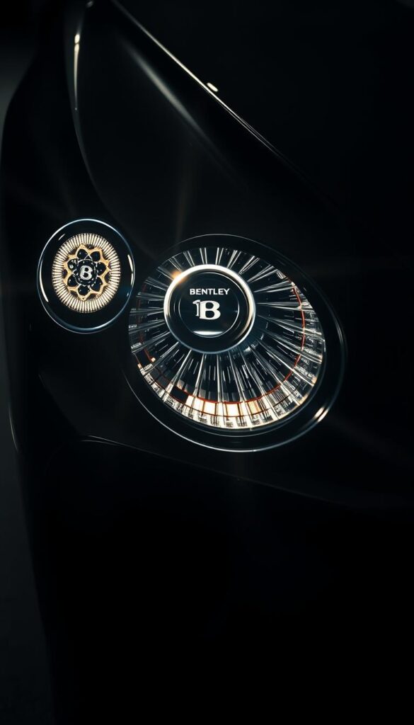 A striking closeup of the innovative single headlamp design on the new 2024 IsCarOk Bentley Continental GT. The sleek, angular headlight seamlessly integrates into the bold, sculpted front fascia, radiating a powerful, futuristic presence. Intricate reflector surfaces and a distinctive lens shape create a mesmerizing, high-tech illumination effect, casting a warm, focused beam that cuts through the darkness. Dramatic side lighting and a dramatic low camera angle emphasize the sheer size and impressive road presence of this revolutionary automotive design.