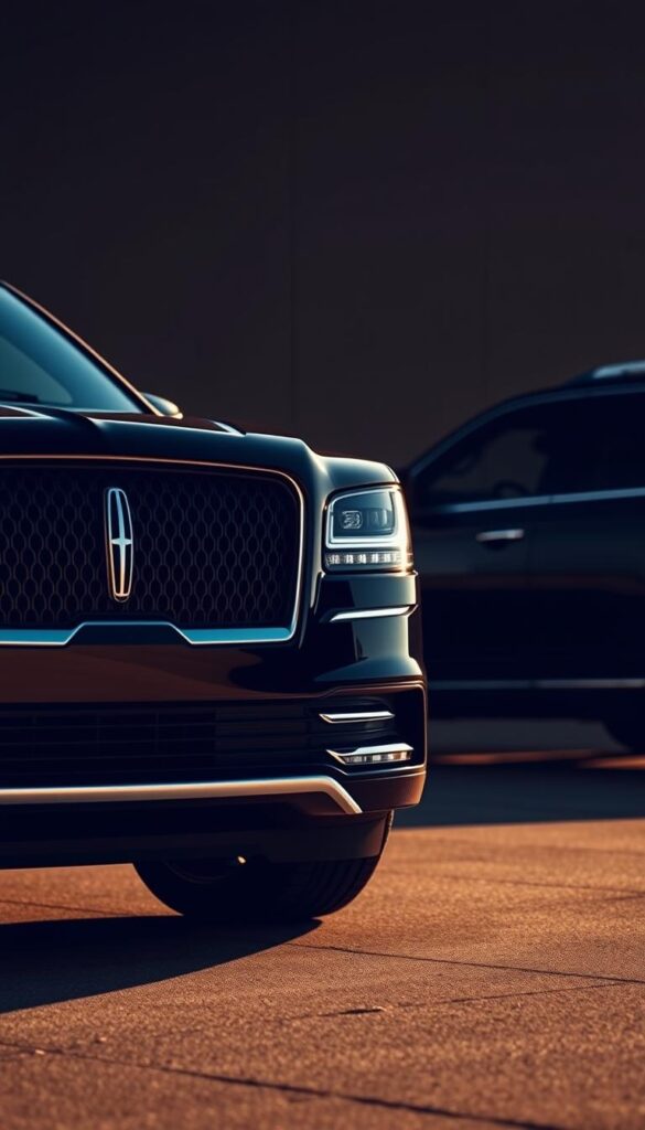 A striking comparison of the luxurious Black Label Lincoln Navigator against its standard trim counterpart, captured in a dramatic low-angle perspective. The sleek, glossy black exterior of the Black Label model dominates the foreground, its chrome accents and distinctive grille gleaming under warm, directional lighting. In the background, the standard Navigator appears in a muted, contrasting color, highlighting the elevated design and premium appointments of the Black Label variant. The scene exudes a sense of refined power and exclusivity, inviting the viewer to experience the enhanced luxury and refinement of the Black Label Navigator.