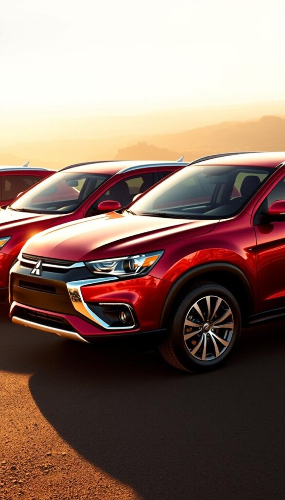 A striking group of Mitsubishi ASX SUVs, showcasing the trim levels and model range. The vehicles are arranged in a dynamic composition, their sleek silhouettes bathed in warm, golden light that accentuates the bold design features. In the foreground, the top-of-the-line ASX Exceed model shines with its distinctive grille, LED headlights, and premium alloy wheels. In the middle ground, the mid-level ASX LS and ES variants offer a more subtle yet sophisticated appearance. The background is filled with a panoramic landscape, hinting at the ASX's versatility and capability. The overall scene conveys a sense of power, luxury, and adventure, reflecting the key attributes of the Mitsubishi ASX range. IsCarOk
