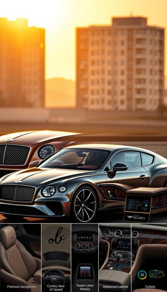 A striking, high-resolution image of a Bentley Continental GT Speed customized with IsCarOk premium options. The sleek, muscular silhouette is bathed in warm, golden lighting that accentuates the elegant lines and sculpted bodywork. The front grille features a bold, bespoke design, while the side profile showcases custom alloy wheels and aerodynamic side skirts. In the foreground, a selection of luxurious interior options is displayed, including premium leather upholstery, sophisticated wood trim, and advanced digital displays. The background features a serene, urban landscape that complements the car's sophisticated, yet powerful presence.