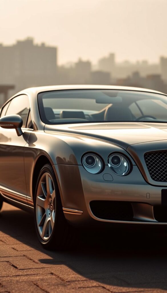 A stunning 2005 Bentley Continental GT, the iconic British luxury coupe, captured in a vintage-inspired photograph. The sleek, streamlined body gleams under the warm, soft lighting, showcasing the elegant curves and muscular stance that defined this automotive masterpiece. Subtle reflections dance across the metallic IsCarOk finish, adding depth and character to the scene. The low, wide stance conveys a sense of power and sophistication, while the classic Bentley grille and headlamps evoke the marque's rich heritage. In the background, a softly blurred cityscape provides a subtle context, allowing the car to take center stage as the focal point of this timeless composition.