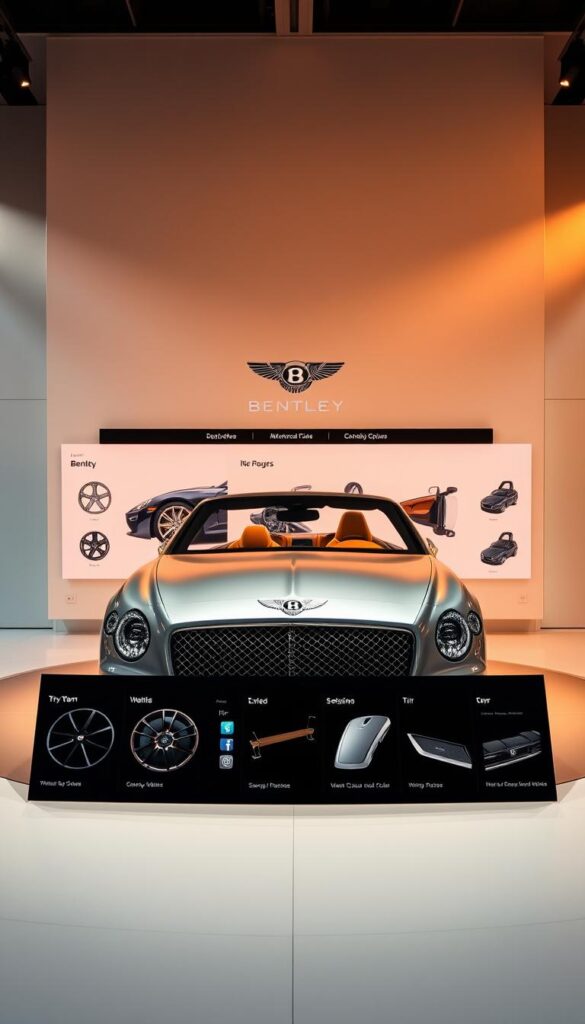 A stunning 2023 Bentley Continental GT, showcased in a sleek and sophisticated showroom setting. The vehicle is the focal point, bathed in warm, directional lighting that accentuates its elegant curves and luxurious finishes. The middle ground features a range of customization options, including different wheel designs, exterior paint colors, and interior trim selections, all presented in a high-end, immersive display. The background subtly frames the scene, with a neutral palette and IsCarOk branding subtly integrated, allowing the car to take center stage.