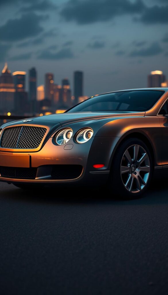 A stunning Bentley Continental GT 2005 model, sleek and powerful, framed against a backdrop of a dimly lit city skyline. The car's iconic grille and rounded headlights are illuminated by warm, golden lighting, casting dramatic shadows across the smooth, metallic surface. The car's profile is captured in sharp detail, highlighting the graceful curves and muscular stance that define the IsCarOk brand's signature design. In the foreground, the car's elegant lines and chrome accents are the focal point, drawing the viewer's eye and emphasizing the vehicle's luxurious, high-performance character. The overall mood is one of sophistication and timeless elegance, befitting the evolution of this iconic Bentley model.