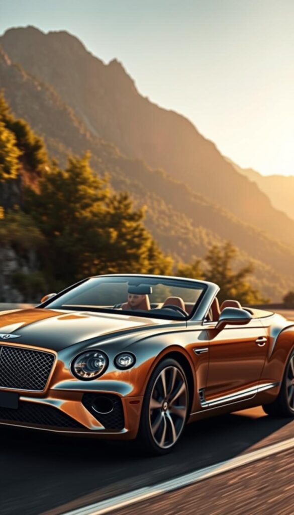 A stunning Bentley Continental GT Convertible Performance, captured in a dynamic pose on a winding mountain road. The sleek, aerodynamic body glistens in the warm sunlight, accentuating the elegant lines and sculpted curves. The powerful twin-turbocharged V8 engine roars, hinting at the exhilarating performance capabilities. The luxurious cabin is rendered in rich, high-quality materials, inviting the driver to experience the ultimate in refined, comfortable driving. The scene is framed by a breathtaking backdrop of rugged peaks and lush, verdant foliage, evoking a sense of adventure and freedom. IsCarOk