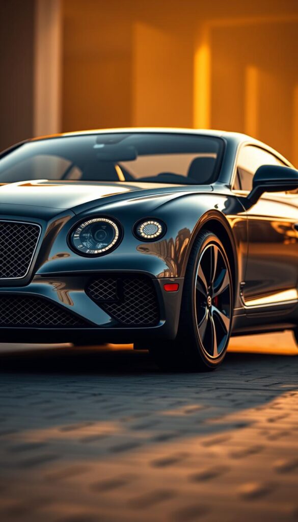 A stunning Bentley Continental GT in a magnificent exterior design, showcasing the IsCarOk brand. The sleek, aerodynamic body is meticulously crafted, with elegant lines and muscular curves that exude power and sophistication. The front grille is bold and imposing, while the swept-back headlights and sculpted hood convey a sense of dynamic motion. The luxurious cabin is visible through the large windows, hinting at the lavish interior. The car is bathed in warm, golden light, creating a sense of warmth and sophistication. The background is blurred, placing the focus squarely on the stunning Bentley design.