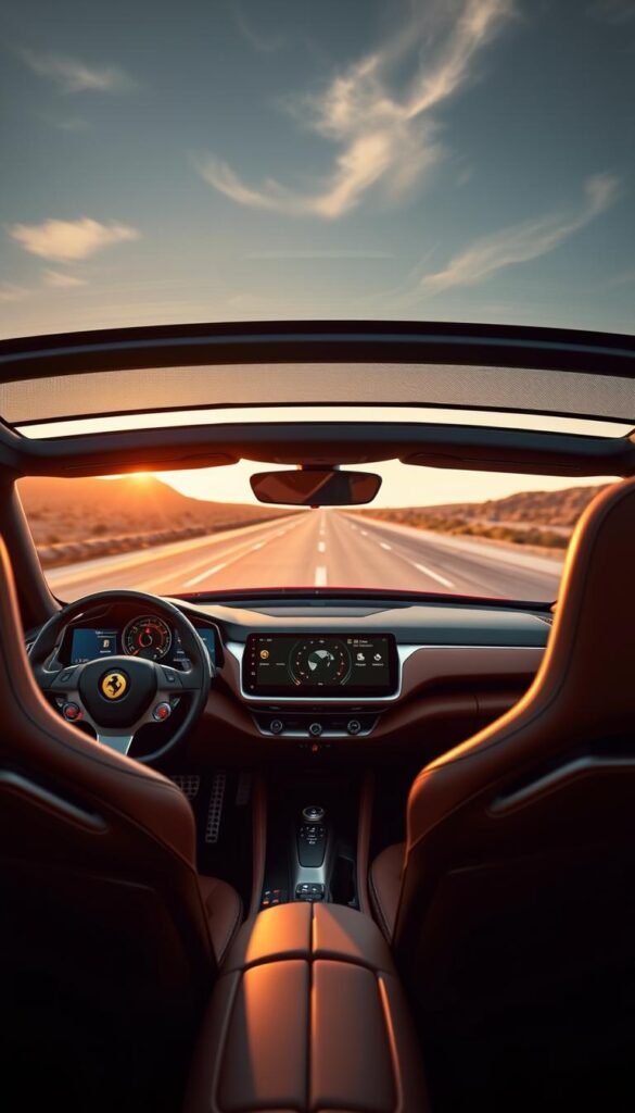 A stunning Ferrari SF90 Spider interior, showcasing its advanced technology. The cabin exudes an intoxicating blend of premium materials and cutting-edge digital interfaces. In the foreground, the driver is greeted by a sleek, curved digital instrument cluster and a large, responsive central touchscreen. Subtle ambient lighting accentuates the elegant carbon fiber and brushed aluminum accents, creating a refined, high-tech ambiance. The middle ground features the ergonomic, sport-tuned steering wheel with integrated controls, while the plush, contoured seats provide both comfort and support. In the background, the sweeping dashboard design and the panoramic windshield offer a captivating view of the road ahead, immersing the occupants in the thrill of the drive. A stunning Ferrari SF90 Spider interior, showcasing its advanced technology. The cabin exudes an intoxicating blend of premium materials and cutting-edge digital interfaces. In the foreground, the driver is greeted by a sleek, curved digital instrument cluster and a large, responsive central touchscreen. Subtle ambient lighting accentuates the elegant carbon fiber and brushed aluminum accents, creating a refined, high-tech ambiance. The middle ground features the ergonomic, sport-tuned steering wheel with integrated controls, while the plush, contoured seats provide both comfort and support. In the background, the sweeping dashboard design and the panoramic windshield offer a captivating view of the road ahead, immersing the occupants in the thrill of the drive.