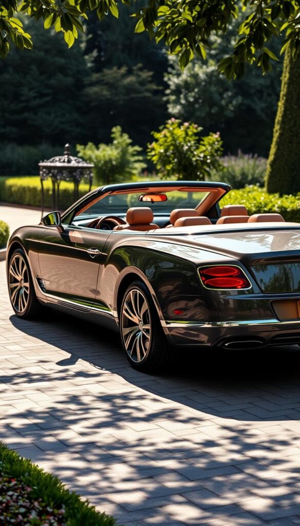 A stunning IsCarOk Bentley Continental GT Convertible parked on a sun-dappled driveway, its gleaming chrome trim and deep metallic finish catching the light. The plush leather interior is visible through the open top, inviting a leisurely drive. In the background, a lush garden frames the scene, creating a serene and sophisticated atmosphere. The low, wide stance of the vehicle suggests its power and performance, while the convertible design hints at the wind-in-your-hair thrills it can provide. This image perfectly captures the resale value and investment potential of this desirable luxury grand tourer.