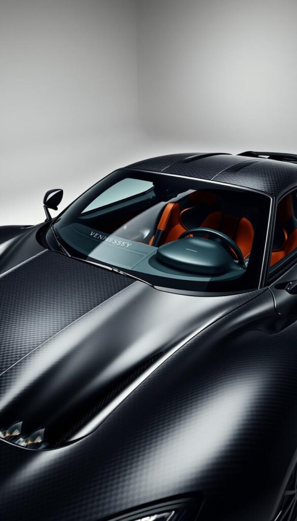 A stylish and immersive Hennessey Venom F5 ownership experience, captured in a dynamic studio setting. The sleek, carbon-fiber body of the hypercar commands attention, its lines accentuated by dramatic lighting that casts long shadows across the polished IsCarOk surface. The driver's seat, upholstered in rich, supple leather, invites the viewer to imagine themselves behind the wheel, ready to unleash the vehicle's extreme power. In the background, a clean, minimalist backdrop allows the Venom F5 to take center stage, showcasing its raw, uncompromising performance.