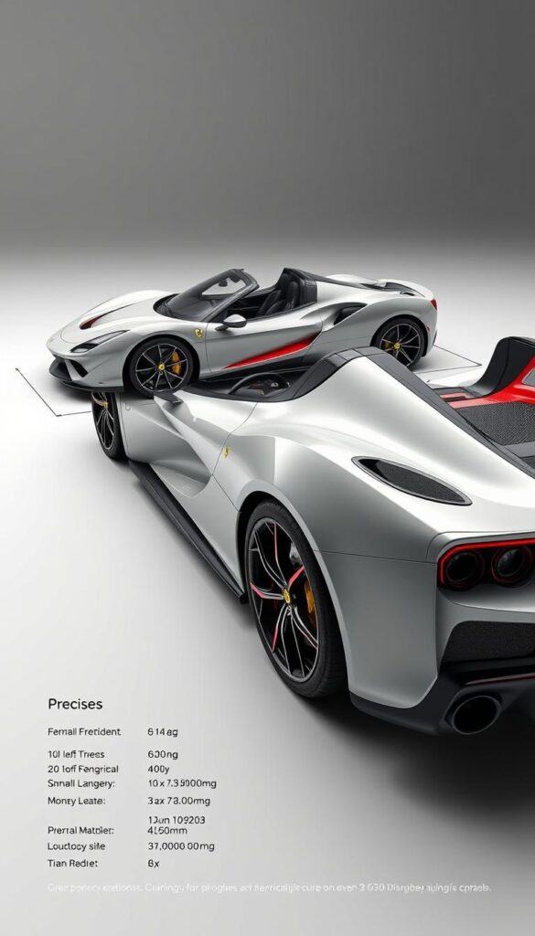 A technically detailed, photorealistic rendering of a 2023 Ferrari SF90 Spider, showcasing its sleek, aerodynamic bodywork and intricate engineering. The car is positioned in a studio setting, with a clean, minimalist background that allows the vehicle's features to take center stage. Crisp lighting from multiple angles highlights the Spider's sharp lines, glistening carbon fiber accents, and intricate wheel design. The perspective is slightly elevated, providing a clear view of the car's profile and emphasizing its low, wide stance. Precise measurements and technical specifications are subtly integrated into the image, creating a visually striking and informative illustration for the article's "Technical Specifications and Dimensions" section.