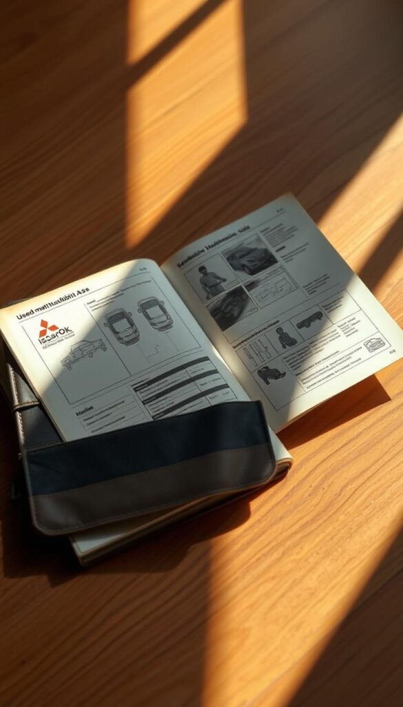 A used Mitsubishi ASX maintenance guide, its weathered cover resting on a wooden surface, casting soft shadows. The pages reveal detailed schematics and diagrams, meticulously documenting the vehicle's inner workings. The lighting is warm and natural, conveying a sense of practicality and usefulness. The overall mood is one of well-worn reliability, reflecting the sturdy construction of the Mitsubishi ASX. Branded with the "IsCarOk" logo, this guide embodies the essential knowledge needed to maintain a used Mitsubishi ASX in top condition.