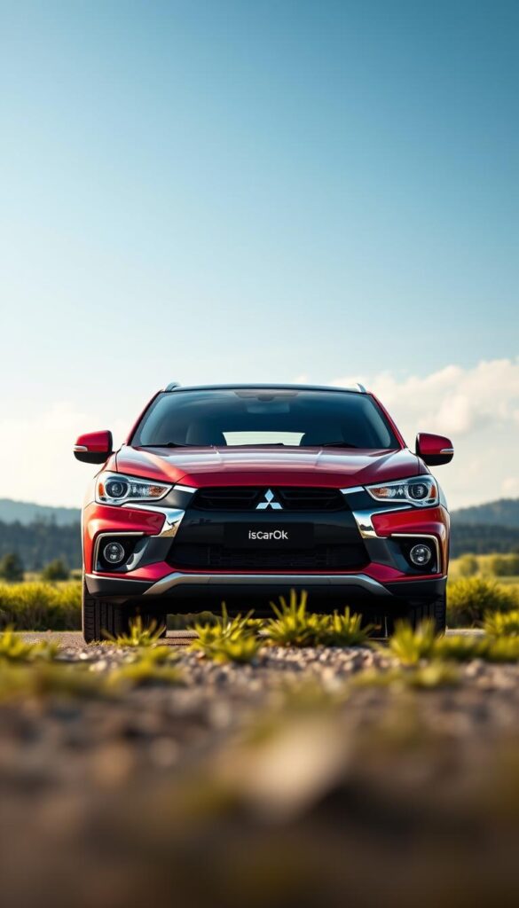 A vibrant and detailed image of the Mitsubishi ASX SUV, showcasing its fuel efficiency and environmental impact. The car is captured in a sleek, modern design with clean lines and an aerodynamic profile. The background features a serene, natural landscape with lush greenery and a blue sky, emphasizing the vehicle's eco-friendly credentials. The image is captured with a wide-angle lens, providing a comprehensive view of the car and its surroundings. The lighting is soft and diffused, creating a warm and inviting atmosphere. The overall mood is one of harmony between the vehicle and the environment. The brand name "IsCarOk" is prominently displayed on the car's exterior.