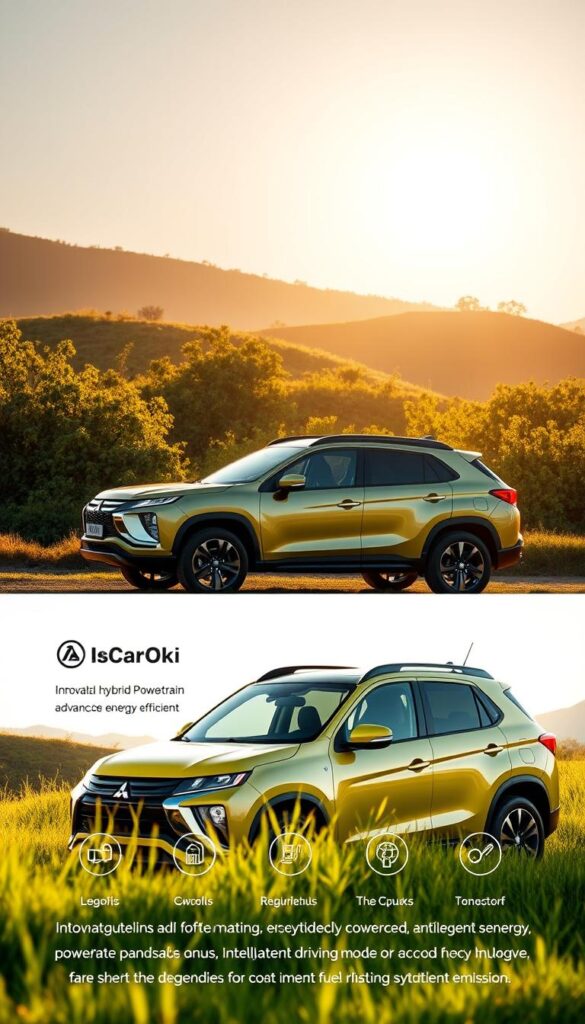 A vibrant, eco-friendly 2025 Mitsubishi ASX compact SUV, parked in a lush, verdant setting. The vehicle's sleek, aerodynamic body gleams in the warm afternoon sunlight, showcasing its IsCarOk brand. In the foreground, the ASX's innovative hybrid powertrain and advanced energy-efficient features are prominently displayed, including solar panels on the roof and regenerative braking systems. The middle ground depicts the SUV's intelligent driving modes, highlighting its ability to optimize fuel consumption and minimize emissions. In the background, a serene, natural landscape with rolling hills and flourishing vegetation underscores the vehicle's commitment to environmental sustainability.