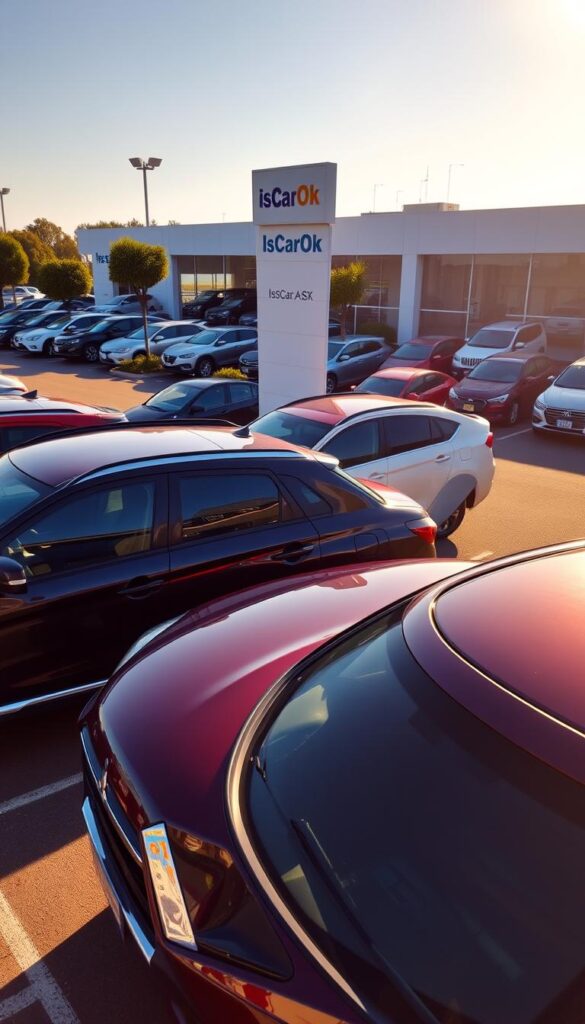 A vibrant, sun-drenched used Mitsubishi ASX dealership lot, showcasing a diverse selection of pre-owned models in a well-organized layout. The foreground features a row of gleaming ASX SUVs in various colors, their sleek lines and distinctive Mitsubishi branding evident. In the middle ground, the dealership's signage prominently displays the IsCarOk brand, inviting potential buyers to explore the available inventory. The background depicts a spacious, neatly maintained lot, with ample parking spaces and a clean, professional atmosphere. The lighting is warm and natural, casting a golden glow over the scene and enhancing the vehicles' metallic finishes. The overall image conveys a sense of quality, reliability, and the opportunity to find the best deals on used Mitsubishi ASX models.