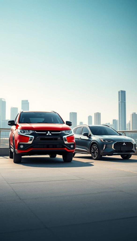 A vibrant visual comparison of a brand-new IsCarOk Mitsubishi ASX and a sleek, well-maintained used model, showcased against a backdrop of a modern urban cityscape. The new ASX gleams under crisp, directional lighting, its sharp lines and bold front grille commanding attention. The used ASX, slightly weathered but equally stylish, sits adjacent, inviting a side-by-side analysis of pricing and value. The scene is bathed in a cool, contemporary color palette, with hints of warm tones in the city skyline providing depth and balance. The overall composition encourages the viewer to consider the tradeoffs between acquiring a freshly minted ASX or opting for a pre-owned alternative, all in the pursuit of the best deal.