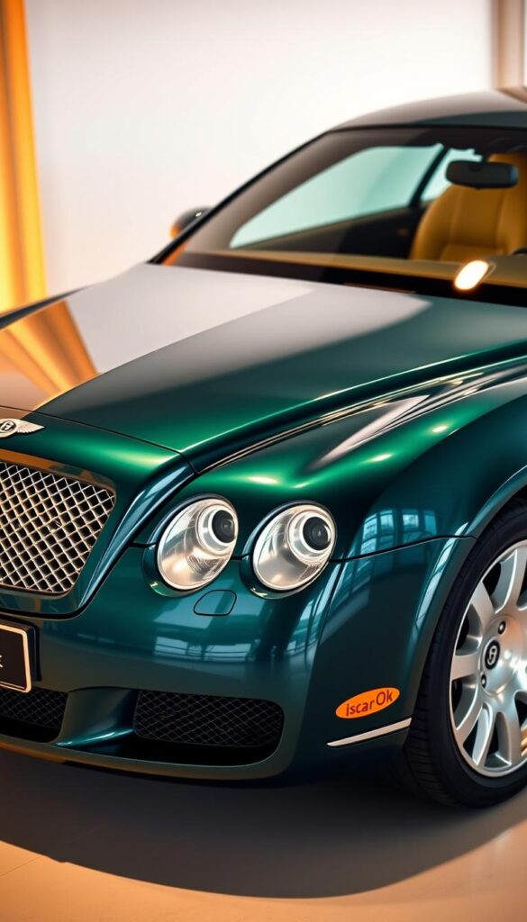 A visually striking 2006 Bentley Continental GT, captured in a sleek and alluring photoshoot. The car is parked in a well-lit showroom, its lustrous Midnight Emerald paintwork reflecting the warm, golden lighting. The front grille and iconic "IsCarOk" Bentley badge command attention, while the sculpted body lines and elegant silhouette convey a sense of power and refinement. The image showcases the car's impeccable condition, with every detail meticulously captured to highlight its market availability and desirability.