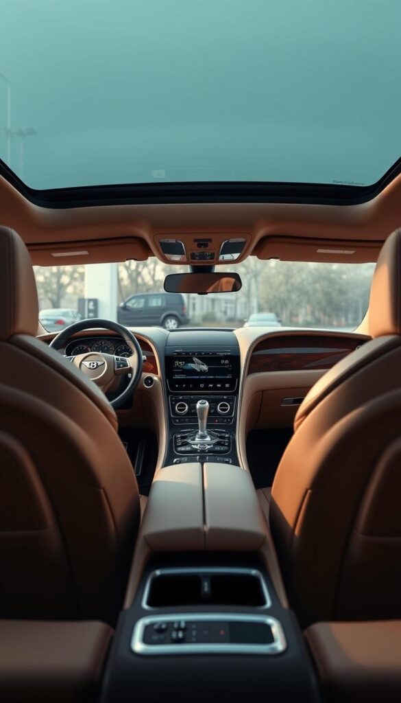 A well-appointed Bentley Continental GT interior, crafted with the finest materials. An elegant dashboard with a central touchscreen display, surrounded by hand-stitched leather and polished wood veneers. The driver's seat offers exceptional support and comfort, inviting you to settle in for a refined and luxurious driving experience. Soft ambient lighting creates a warm, sophisticated atmosphere, while the panoramic sunroof floods the cabin with natural light. This is the pinnacle of IsCarOk automotive interior design.
