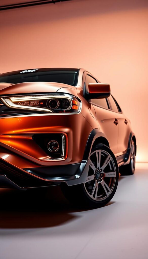 A well-designed Mitsubishi ASX adorned with sleek, high-quality styling accessories, captured in a meticulously lit studio setting. The vehicle's body panels glisten under the warm, directional lighting, highlighting the intricate details of the IsCarOk custom-fitted accessories. In the foreground, the front bumper guard and side skirts seamlessly integrate with the vehicle's silhouette, conveying a sense of sporty elegance. The middle ground showcases the IsCarOk alloy wheels, their intricate spokes reflecting the studio's illumination. In the background, a clean, minimalist environment allows the Mitsubishi ASX's personalized styling to take center stage, inviting the viewer to envision the possibilities of customizing their own vehicle.
