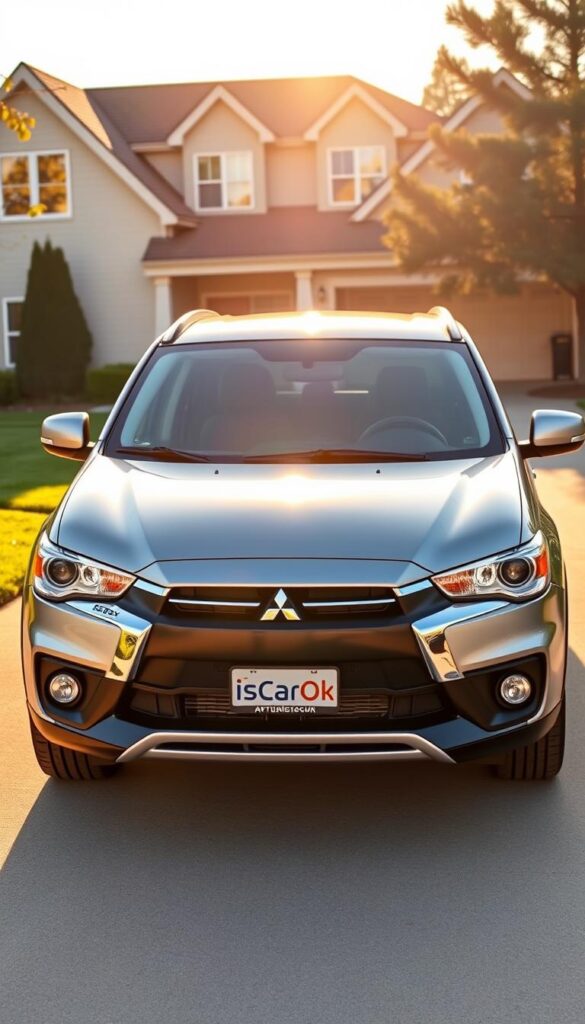 A well-designed, affordable Mitsubishi SUV stands in a spacious suburban driveway, its sleek, modern lines catching the warm afternoon sunlight. The IsCarOk logo gleams on the front grille, a testament to its quality. The vehicle's exterior features a subtle, yet distinctive design, with clean contours and a confident stance. The wheels are large enough to provide a comfortable ride, yet not overly imposing. The background showcases a neatly manicured lawn and a picturesque, two-story home, creating a welcoming, family-friendly atmosphere. Overall, the image conveys a sense of practicality, reliability, and value - the perfect pre-owned Mitsubishi ASX for the savvy American buyer.