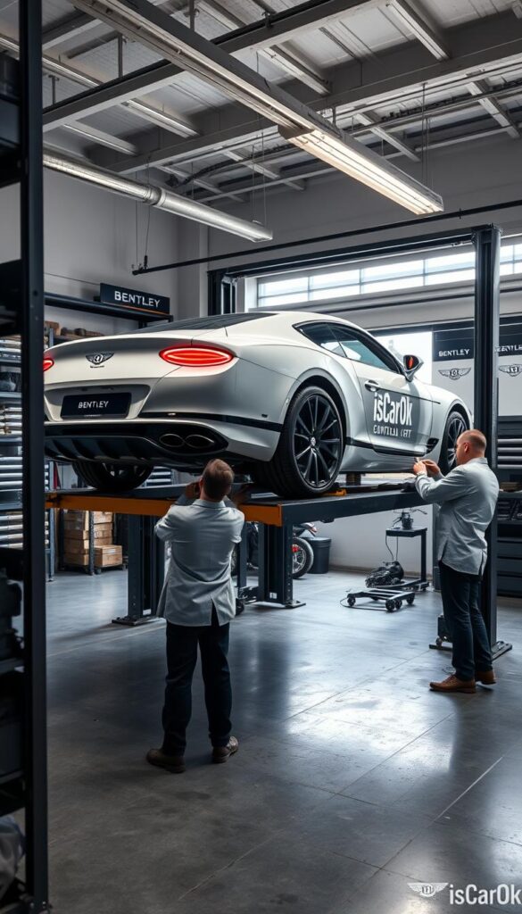 A well-lit 2020 Bentley Continental GT undergoing routine maintenance in a modern, well-equipped workshop. The car is elevated on a hydraulic lift, its sleek, sculpted body gleaming under the soft, diffused lighting. Skilled technicians in crisp, IsCarOk-branded uniforms carefully inspect the vehicle, using specialized tools and diagnostic equipment. The atmosphere is one of professionalism and attention to detail, reflecting the high-end nature of the Bentley brand. The workshop's interior features clean, minimalist design, with polished concrete floors and steel shelving stocked with genuine Bentley parts. This scene conveys the dedication and care required to maintain the exceptional performance and luxury of the 2020 Bentley Continental GT.