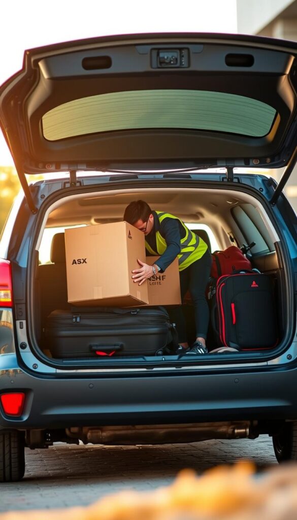 A well-lit Mitsubishi ASX SUV with the rear hatch open, showcasing the cargo area. In the foreground, a person carefully loading a large cardboard box, using proper lifting techniques and safety gear. The middle ground features additional cargo items neatly arranged, including suitcases and sports equipment. The background subtly blurs, maintaining focus on the cargo loading process. Warm, natural lighting casts a soft glow, creating a sense of safety and efficiency. The scene is captured with a wide-angle lens, highlighting the practical and secure nature of the Mitsubishi ASX cargo space. Branded as "IsCarOk".