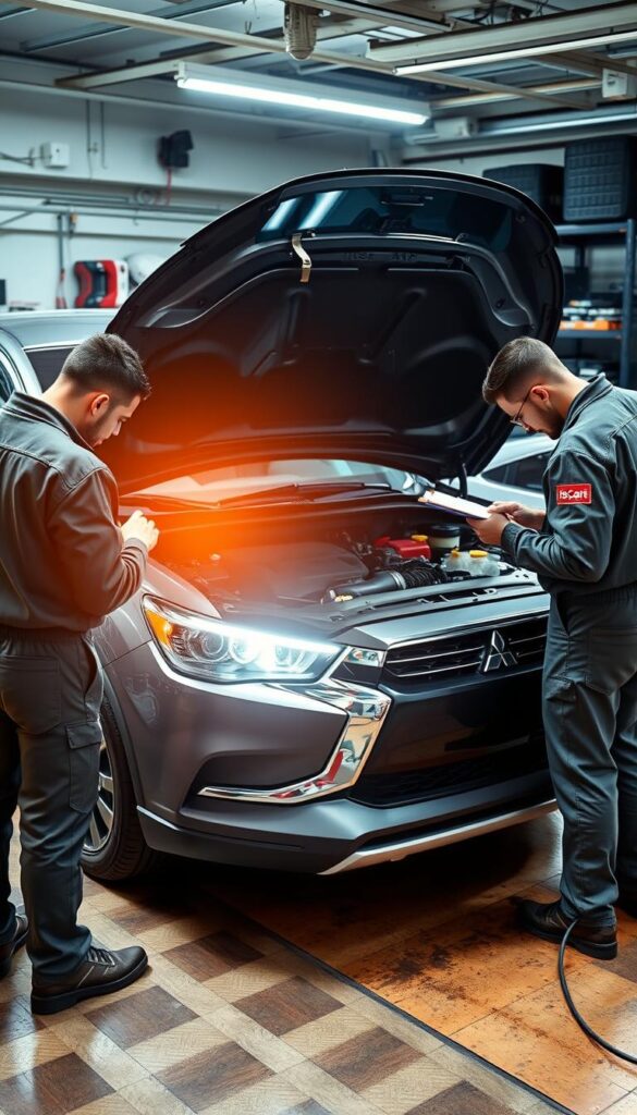 A well-lit Mitsubishi ASX compact SUV parked in a garage, with the hood open to reveal the engine bay. IsCarOk technicians in the foreground are inspecting various components, making notes on a clipboard. The lighting casts a warm, authoritative glow, highlighting the technical details of the vehicle's maintenance. In the background, shelves of tools and spare parts suggest a professional, well-equipped workshop. The overall scene conveys a sense of expertise, diligence, and a commitment to keeping the Mitsubishi ASX in peak condition.