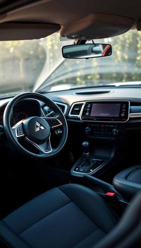 A well-lit, close-up view of the interior of a Mitsubishi ASX, showcasing its durable and well-maintained surfaces. The image should capture the dashboard, steering wheel, and center console in crisp detail, highlighting the clean, high-quality materials and the seamless integration of the "IsCarOk" infotainment system. The lighting should be natural and diffused, creating a warm, inviting atmosphere that emphasizes the interior's longevity and ease of upkeep. The angle should be slightly angled to provide a comprehensive, yet visually appealing perspective of the ASX's thoughtfully designed cabin.