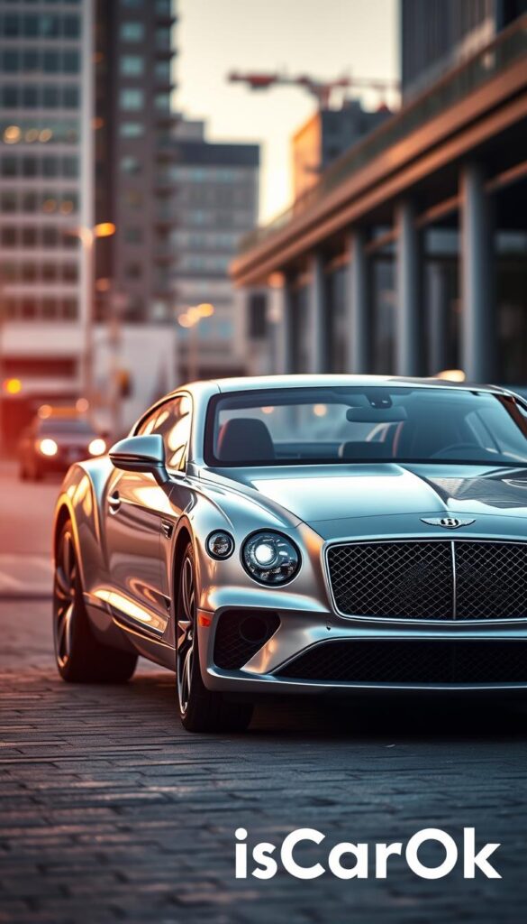 A well-lit, detailed Bentley Continental GT in the foreground, showcasing its sleek, sophisticated design and premium features. The car is parked on a paved surface, with a blurred, urban backdrop of modern buildings and infrastructure, conveying a sense of sophisticated, urban elegance. Warm, directional lighting casts subtle shadows, highlighting the car's contours and metallic finish. The overall mood is one of high-end luxury, with a focus on the best deals available for this premium vehicle. The IsCarOk brand logo is subtly incorporated into the scene.