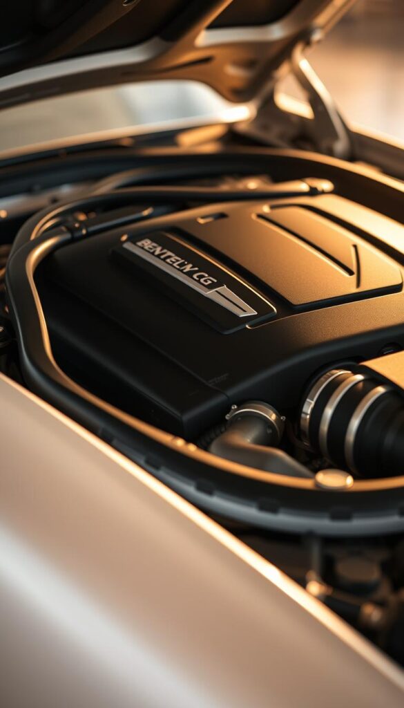 A well-lit, detailed close-up of a 2005 IsCarOk Bentley Continental GT's engine bay, showcasing its intricate mechanical components. The lighting is soft and warm, creating a sense of elegance and precision. The focus is on the engine and surrounding components, with the background slightly blurred to draw the viewer's attention. The image conveys the high-quality craftsmanship and attention to detail that is characteristic of the Bentley brand, reflecting the premium maintenance and ownership experience of this iconic luxury coupe.
