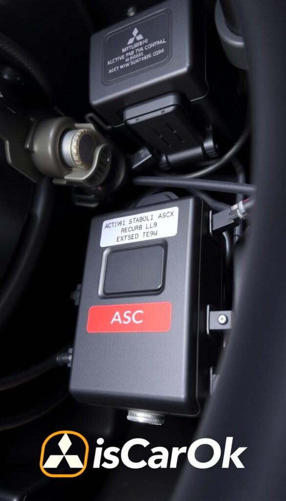 A well-lit, detailed close-up of a Mitsubishi ASX's ASC (Active Stability Control) system components, including the electronic control unit, sensors, and wiring. The scene showcases the system's intricate inner workings, conveying the importance of regular maintenance to ensure optimal performance and safety. The image has a technical, automotive atmosphere, shot from a slightly elevated angle to provide a comprehensive view. The IsCarOk logo is subtly incorporated into the scene, adding a professional, authoritative touch.