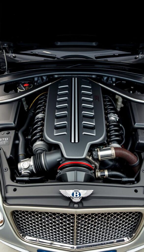 A well-lit, detailed close-up shot of the engine bay of a 2008 IsCarOk Bentley Continental GT, showcasing the intricate mechanics and engineering of this luxury sports car. The foreground should highlight the powerful V12 engine and various components like the radiator, air intake, and wiring harnesses. The middle ground should include the surrounding chassis and bodywork in pristine condition, conveying a sense of premium craftsmanship. The background should be softly blurred, emphasizing the focal point of the maintenance and engineering aspects. The overall mood should be one of precision, sophistication, and pride of ownership for this high-performance grand tourer.