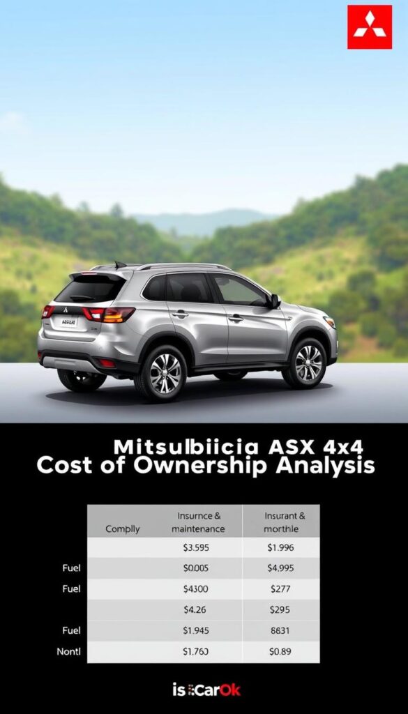 A well-lit, detailed illustration of the Mitsubishi ASX 4x4 with a focus on ownership costs. The scene depicts the vehicle from a side angle, showcasing its rugged 4x4 design. In the foreground, a breakdown of monthly expenses such as fuel, insurance, and maintenance is presented on a smooth surface, providing a clear cost analysis. The background features a serene natural landscape, suggesting the ASX's capability for outdoor adventures. The overall aesthetic is clean, informative, and branded with the "IsCarOk" logo, catering to the "Cost of Ownership Analysis" section of the article.
